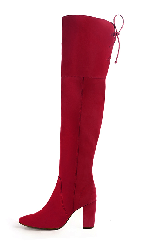 Cardinal red women's leather thigh-high boots. Round toe. High block heels. Made to measure. Profile view - Florence KOOIJMAN